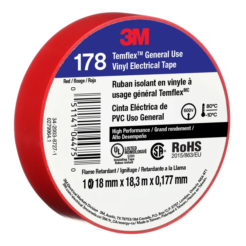 3M™ Temflex™ Vinyl Electrical Tape 178, Red, 18mm x 18.3m, 50 Rolls/Case