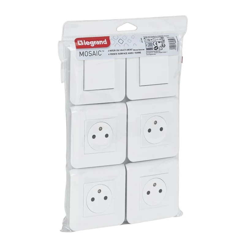 Lot de 4 prises encastrées 2P+T 16A + 2 va et vient 10A complet - Mosaic - blanc - Legrand