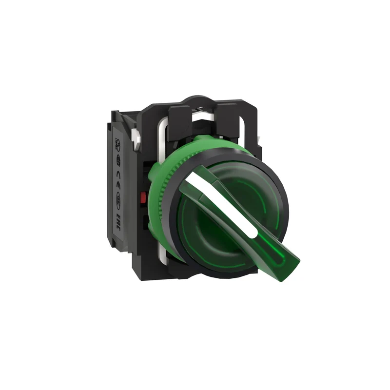 Illuminated Selector Switch, Harmony XB5, Grey Plastic, Green Handle, 22mm, Universal LED, 2 Positions, 1NO + 1NC, 230...240V AC
