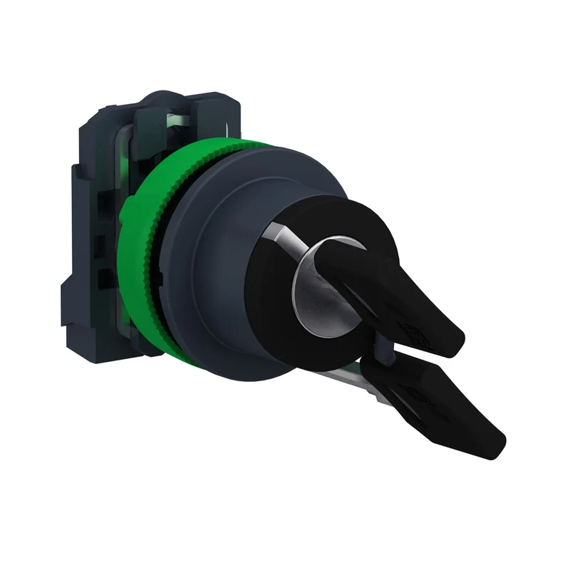 Key Switch Selector Flush Mounted, Harmony XB5, Plastic, Black, 30mm, Key 455, 2 Positions, Spring Return Right To Left, 1 NO
