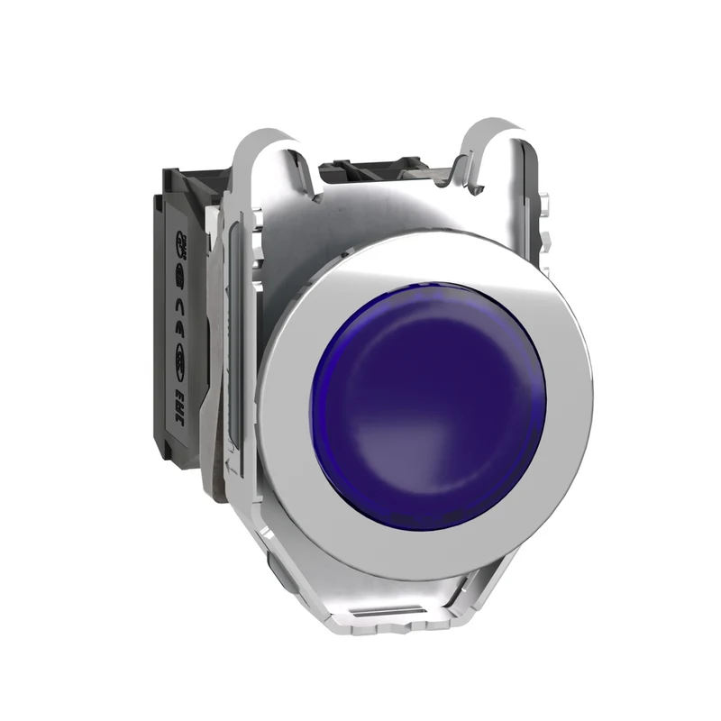 Illuminated Push Button, Harmony XB4, Metal, Blue Flush Mounted, 30mm, Universal LED, Plain Lens, 1NO + 1NC, 230V AC