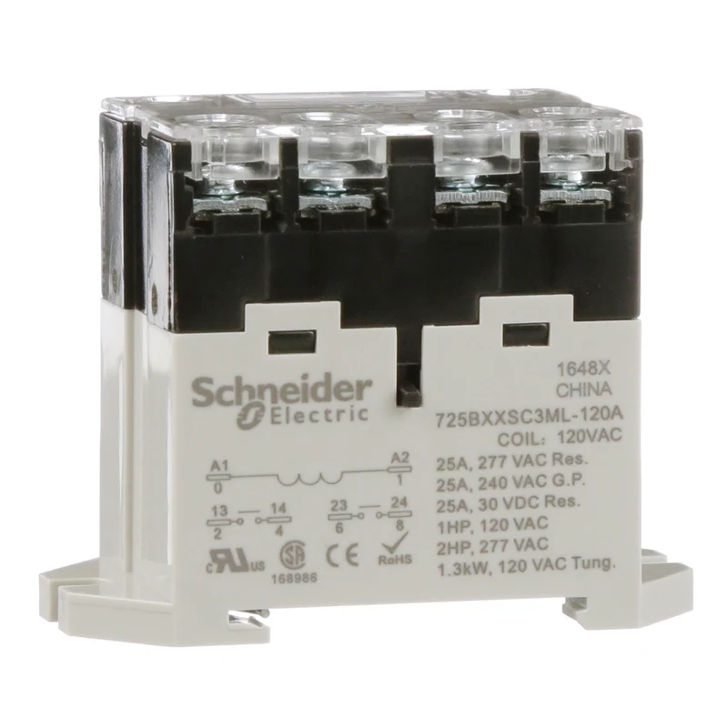 Power Relay, SE Relays, 25A, 2NO, 120VAC, LED Push Button, Screw Terminals, DIN Or Panel Mount