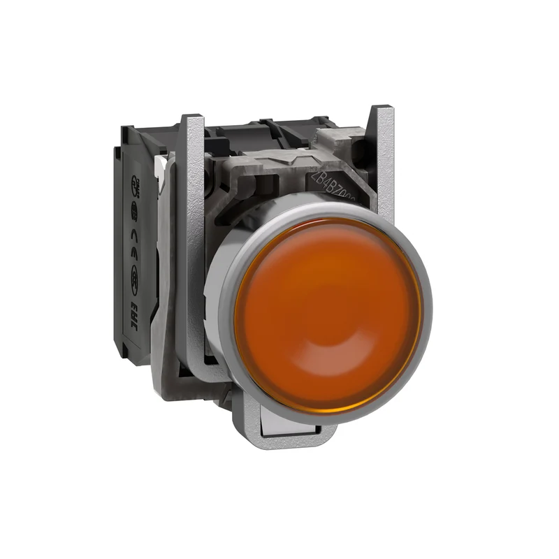 Illuminated Push Button, Harmony XB4, Metal, Orange Flush, 22mm, Universal LED, Plain Lens, 1NO + 1NC, 230...240V AC