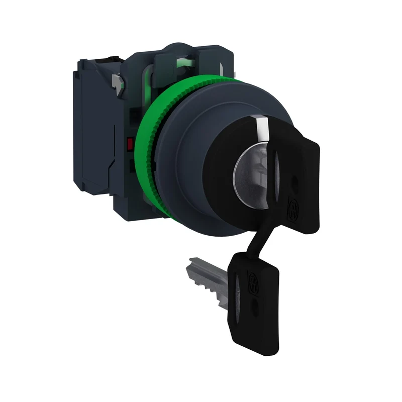 Key Switch Selector Flush Mounted, Harmony XB5, Plastic, Black, 30mm, Key 455, 3 Positions, Stay Put, 2 NO