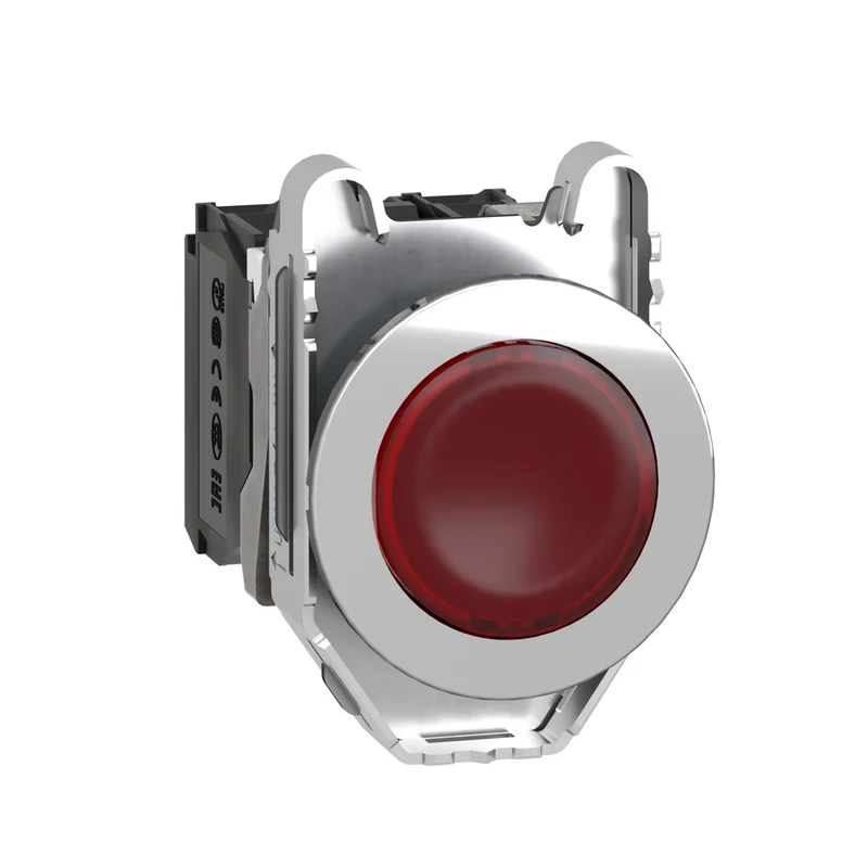 Illuminated Push Button, Harmony XB4, Metal, Red Flush Mounted, 30mm, Universal LED, Plain Lens, 1NO + 1NC, 230V AC