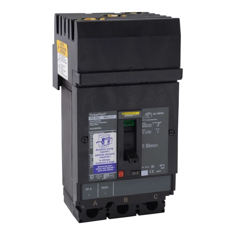 Circuit Breaker, PowerPacT H, 150A, 3 Pole, 600VAC, 18kA, I-Line, Thermal Magnetic, 80%, Padlock Handle, ABC