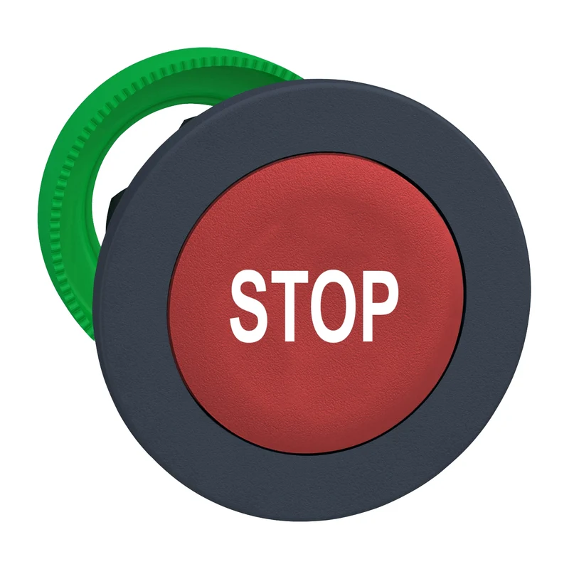 Harmony XB5, Flush Mounted Push Button Head, Plastic, Red, 30mm, Spring Return, Marked STOP, Dark Grey Bezel