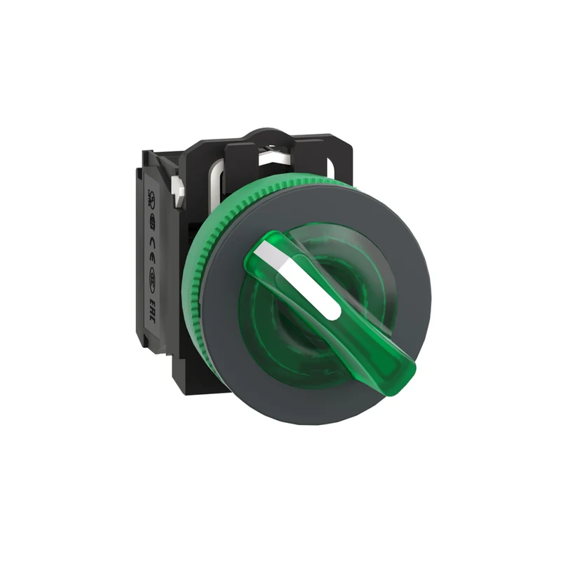 Illuminated Selector Switch, Harmony XB5, Grey Plastic, Green Handle, 30mm, Universal LED, 2 Positions, 1NO + 1NC, 24V AC DC