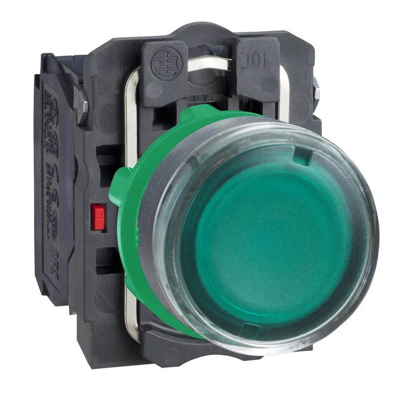 Illuminated Push Button, Harmony XB5, Plastic, Flush, Green, 22mm, Plain Lens For BA9s Bulb, Spring Return, Lower Than 250V, 1NO + 1NC