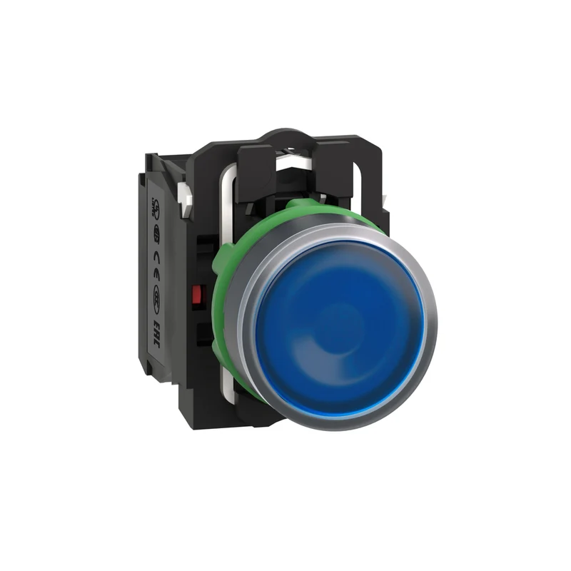 Illuminated Push Button, Harmony XB5, Plastic, Blue Flush, 22mm, Universal LED, Plain Lens, 1NO + 1NC, 110...120V AC