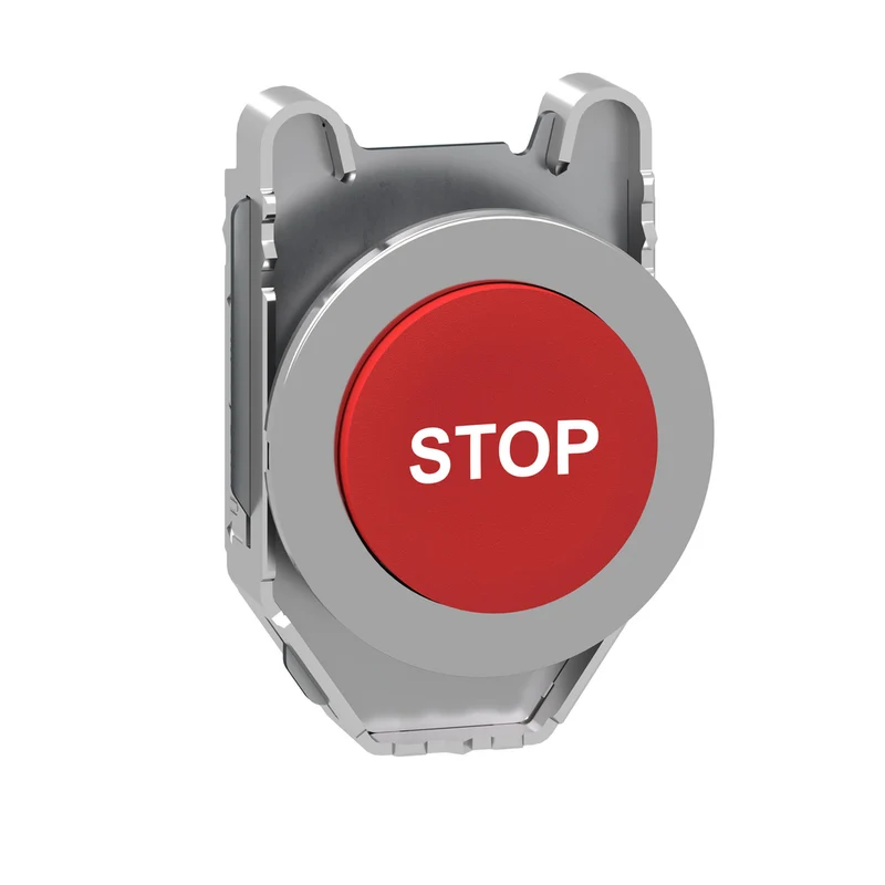 Flush Mounted Projecting Push Button Head, Harmony XB4, Metal, Red, 30mm, Spring Return, Marked STOP