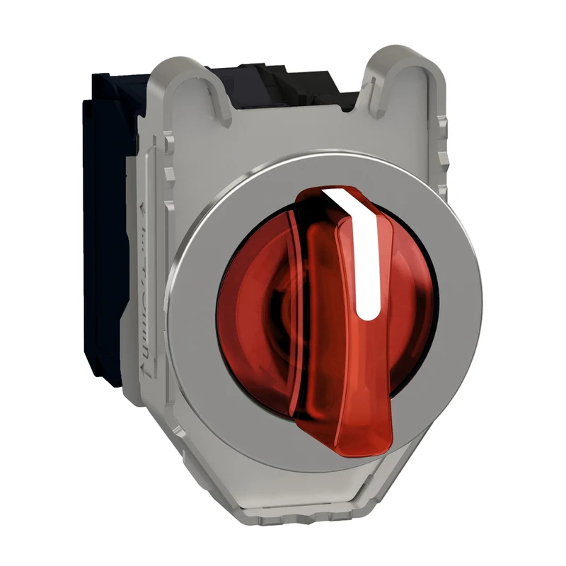 Illuminated Selector Switch, Harmony XB4, Metal, Red Handle, 30mm, Universal LED, 3 Positions, 1NO + 1NC, 110...120V AC