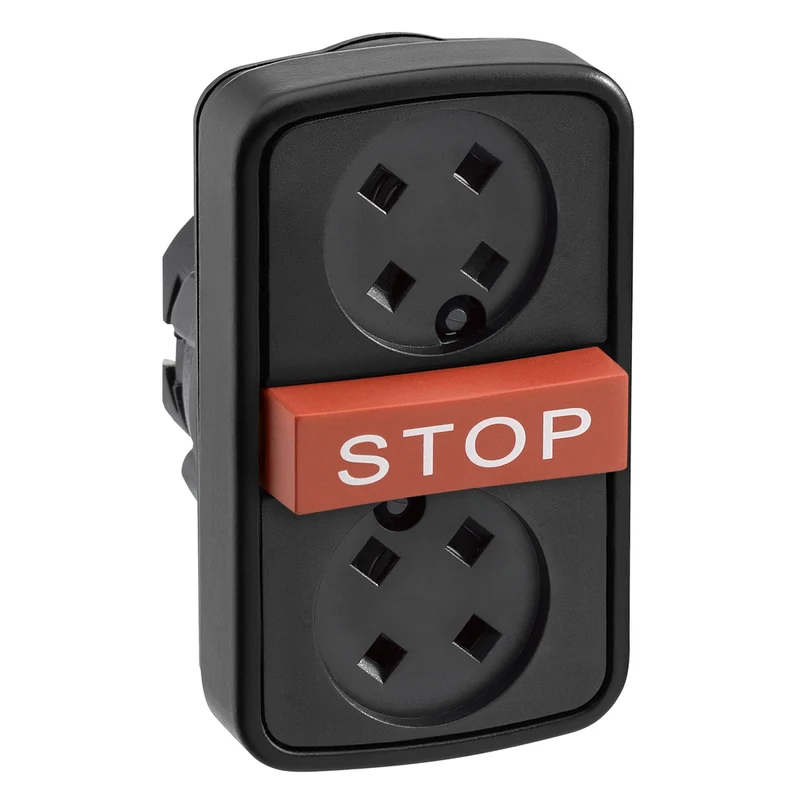 Head For Triple Headed Push Button, Harmony XB5, 2 Flush Without Cap, 1 Red Projecting, 22mm, Marked STOP