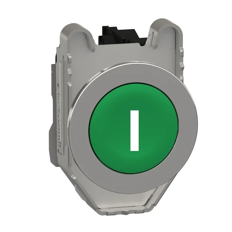 Push Button Flush Mounted, Harmony XB4, Metal, Green, 30mm, Spring Return, Marked I, 1NO