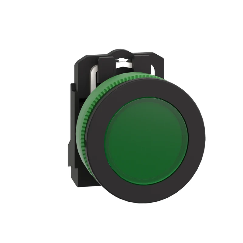 Pilot Light, Harmony XB5, Grey Plastic, Green Flush Mounted, 30mm, Universal LED, Plain Lens, 230...240V AC