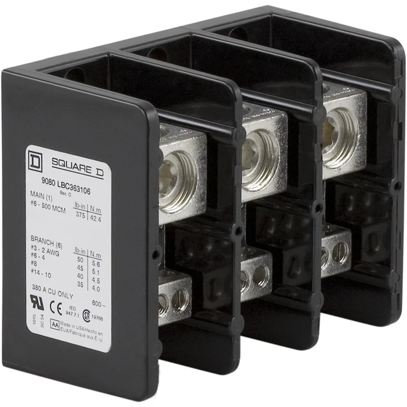 Power Distribution Block, Linergy, 3 Pole, 1 Line, 6 Load, 380A Cu, 600V