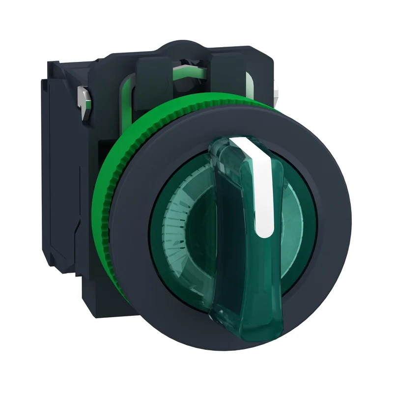Illuminated Selector Switch, Harmony XB5, Grey Plastic, Green Handle, 30mm, Universal LED, 3 Positions, 1NO + 1NC, 110...120V AC