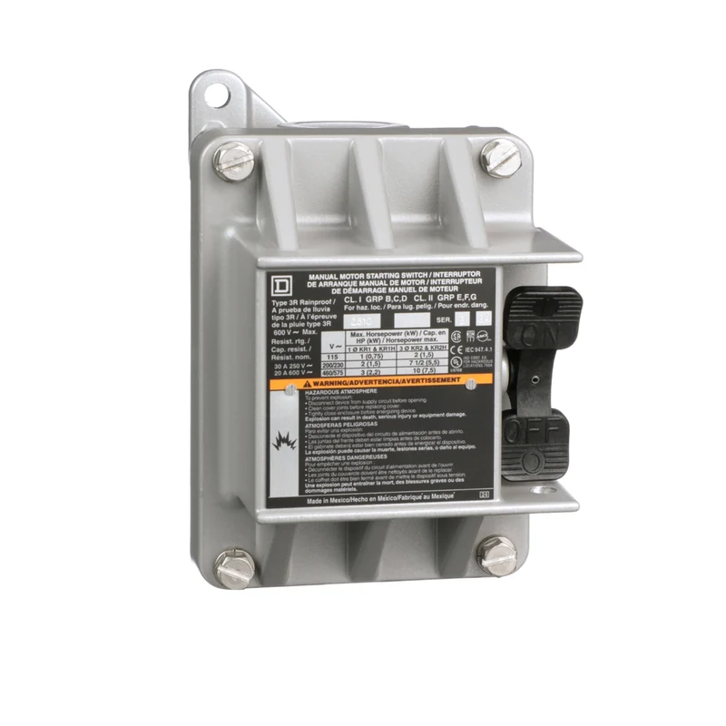 Switch, Manual, 20A, 2 Pole, 3HP At 575VAC, Single Phase, Toggle Operated, No Indicator, NEMA 7&9, One Conduit Opening