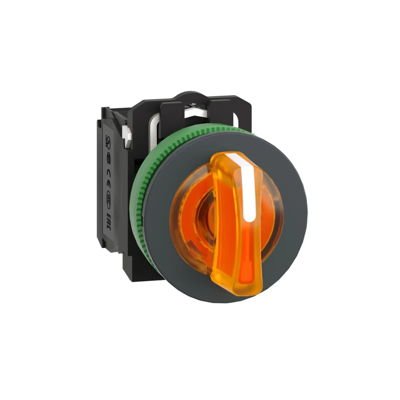 Illuminated Selector Switch, Harmony XB5, Grey Plastic, Orange Handle, 30mm, Universal LED, 3 Positions, 1NO + 1NC, 24V AC DC