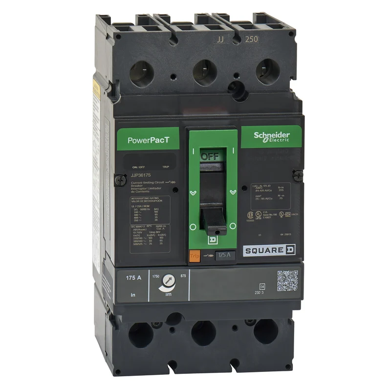 Circuit Breaker, PowerPacT J, 175A, 3 Pole, 600VAC, 25kA, Lugs OFF End, Thermal Magnetic, 80%