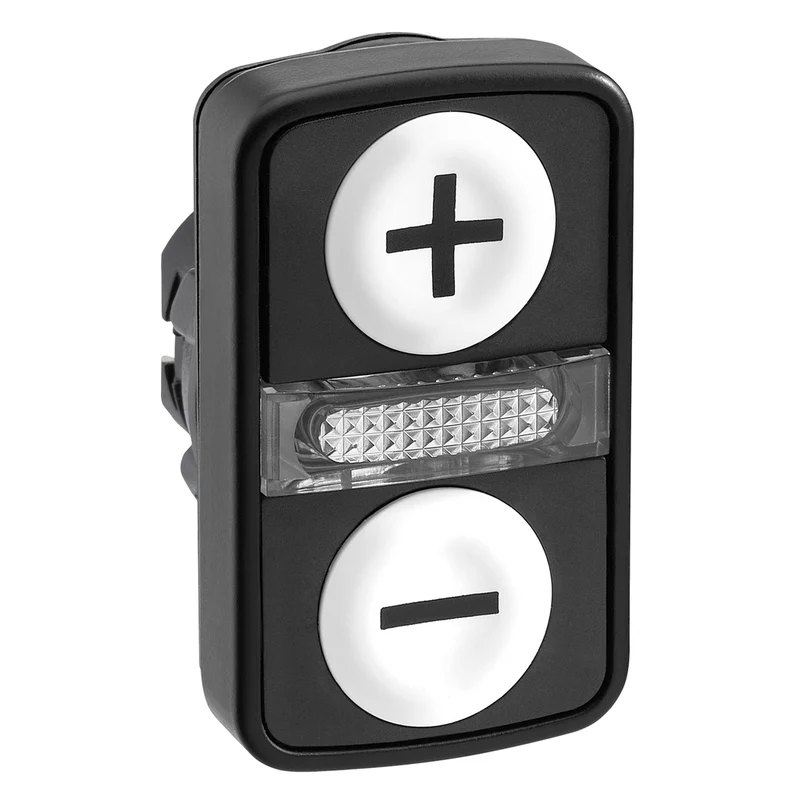 Head For Illuminated Double Headed Push Button, Harmony XB5, 2 White Flush, 22mm, Black Marked + And -