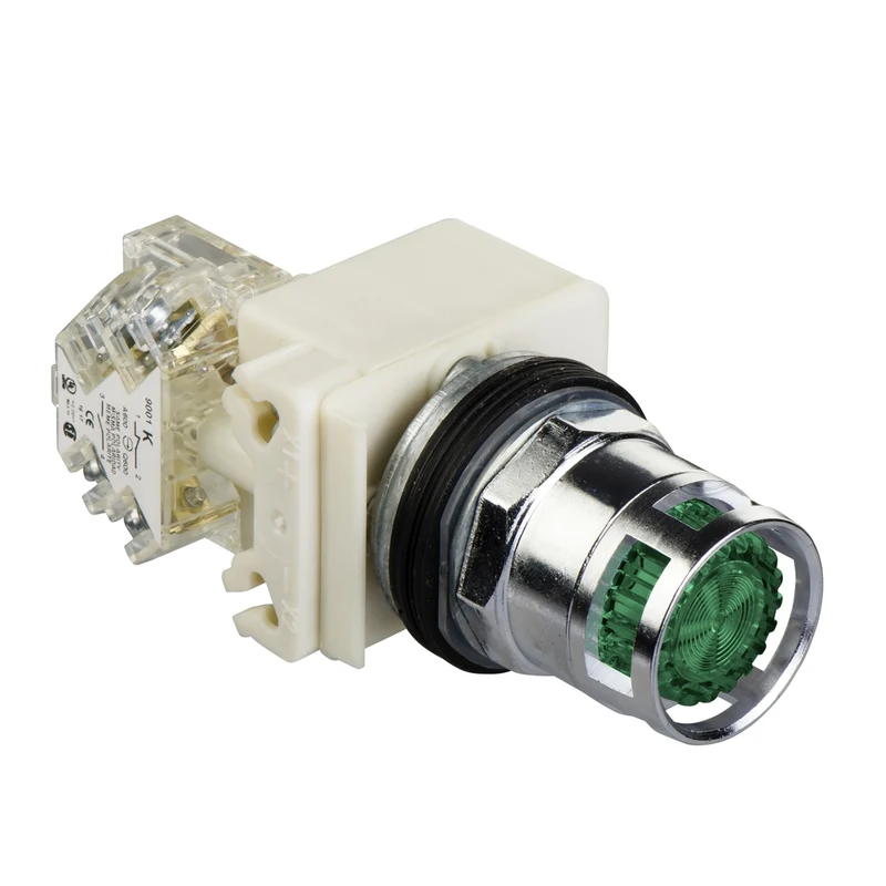 Illuminated Push-Button Head, Harmony 9001K, Metal, Metal Guard Flush, Green, 30mm, Spring Return, LED Green, 120V