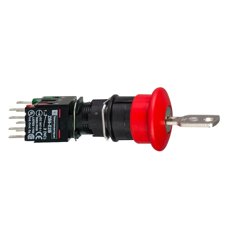 Complete Emergency Stop Push Button, Harmony XB6, 16mm, Red Pushbutton 30mm, Trigger Latching Key Release, 1NO + 2NC, Key 200