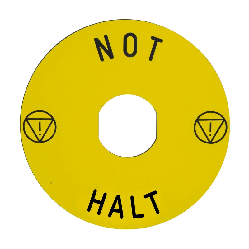 Marked Legend, Harmony XB4, Harmony XB5, Yellow, 90mm, For Emergency Stop, Marked NOT HALT/Logo ISO13850