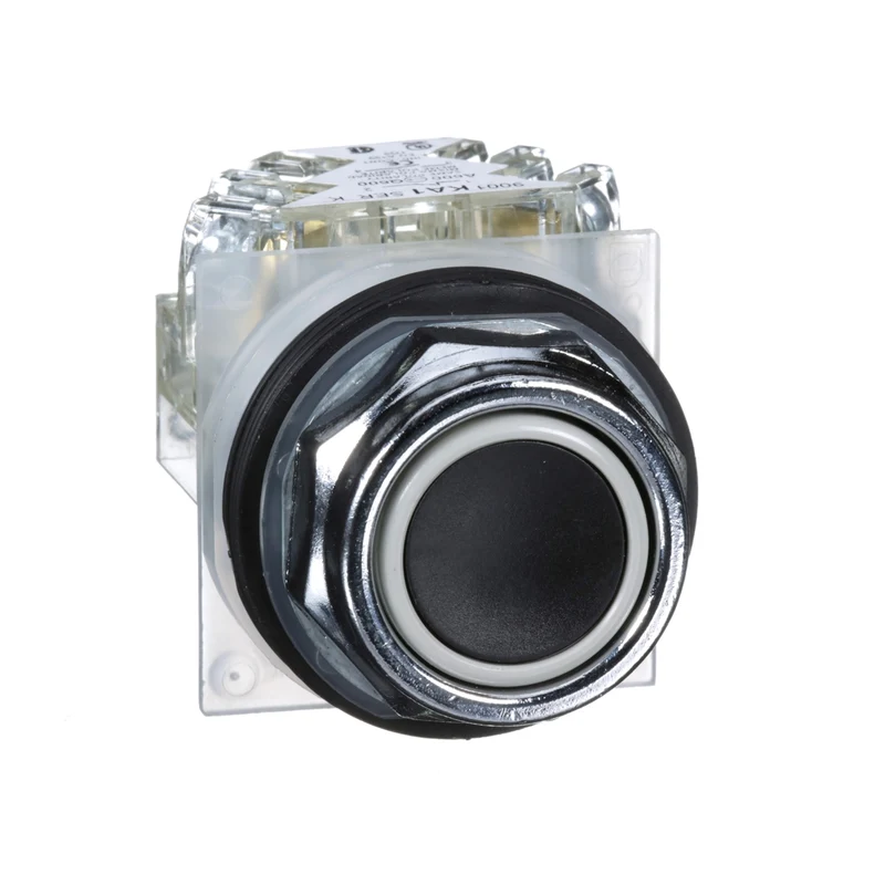 Push-Button, Harmony 9001K, Metal, Flush, Black, 30mm, Spring Return, Screw Terminals For Lug, 1NO