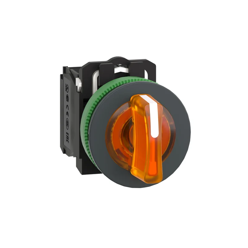 Illuminated Selector Switch, Harmony XB5, Grey Plastic, Orange Handle, 30mm, Universal LED, 3 Positions, 1NO + 1NC, 230...240V AC