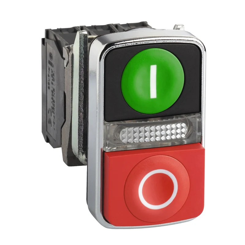 Illuminated Double Headed Push Button, Harmony XB4, Metal, 22mm, 1 Green Flush I + 1 Pilot Light + 1 Red Projecting O, 240V AC, 1NO + 1NC