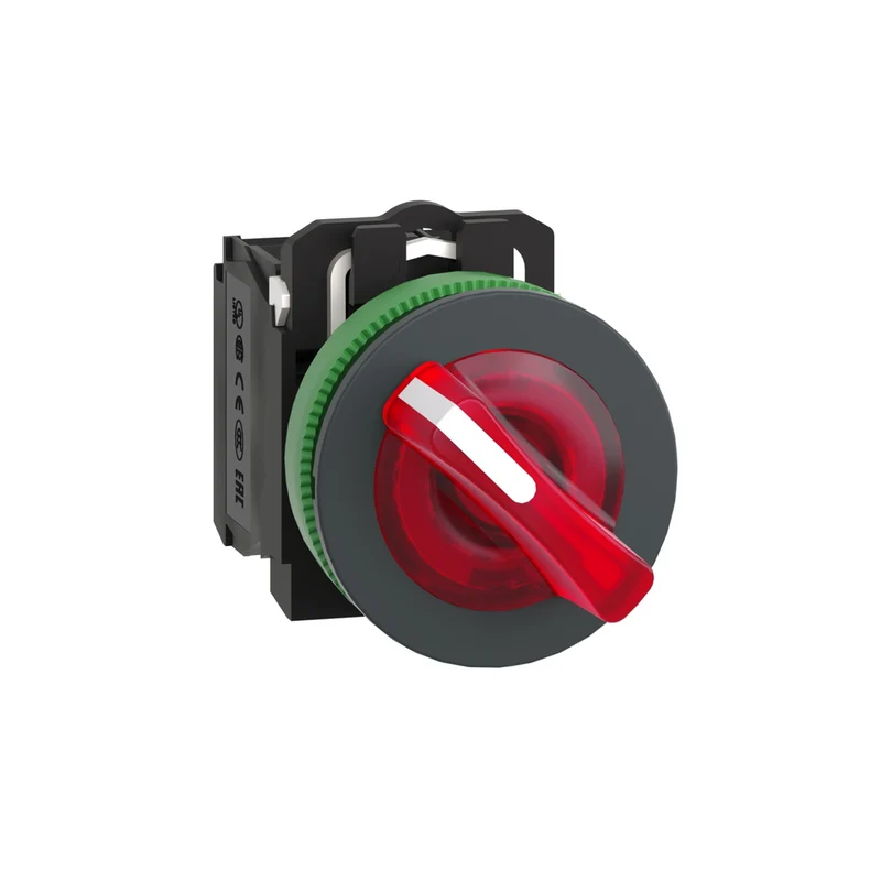 Illuminated Selector Switch, Harmony XB5, Grey Plastic, Red Handle, 30mm, Universal LED, 2 Positions, 1NO + 1NC, 230...240V AC