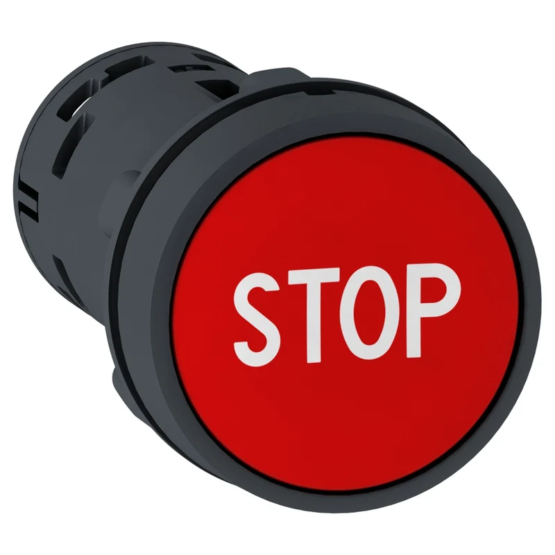Push Button, Harmony XB7, PB, Spring Rtn, Red, NO+NC, White "STOP"