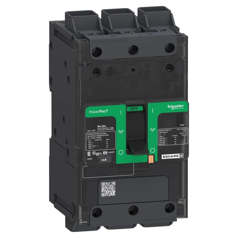 Circuit Breaker, PowerPacT B, 90A, 3 Pole, 600Y/347VAC, 14kA, Lugs, Thermal Magnetic, 80%, Control Wire ON End