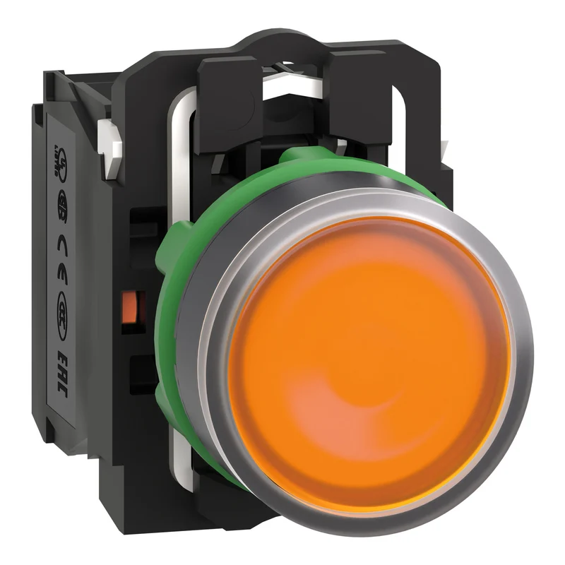 Illuminated Push Button, Harmony XB5, Plastic, Orange Flush, 22mm, Universal LED, Plain Lens, 1NO + 1NC, 230...240V AC