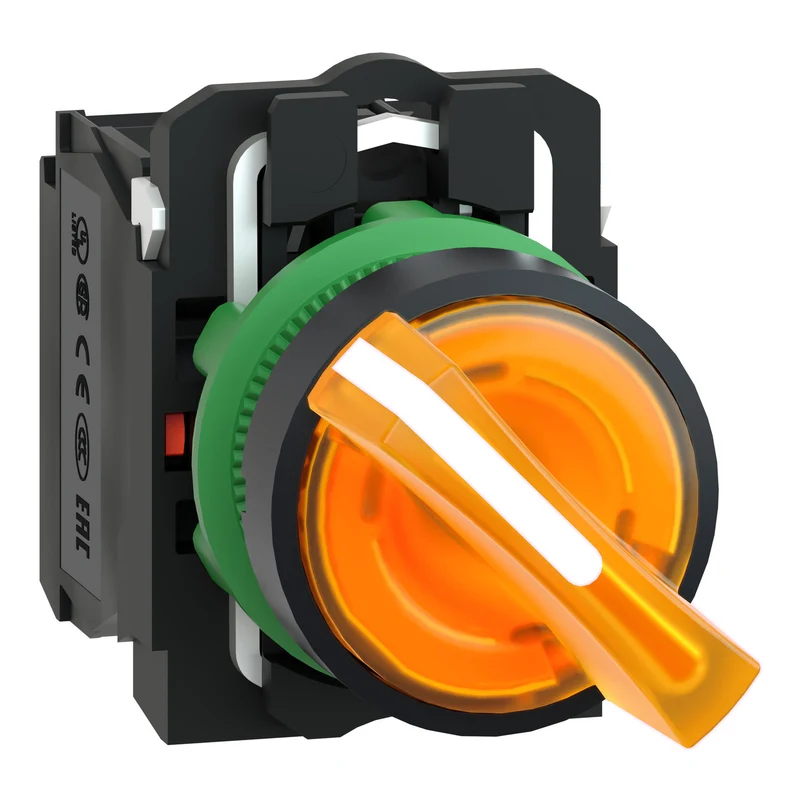 Illuminated Selector Switch, Harmony XB5, Grey Plastic, Orange Handle, 22mm, Universal LED, 2 Positions, 1NO + 1NC, 230...240V AC