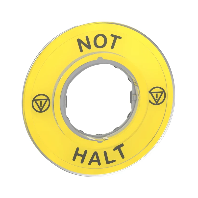 Marked Legend, Harmony XB4, Harmony XB5, Yellow, 60mm, For Emergency Stop, Marked NOT HALT/Logo ISO13850