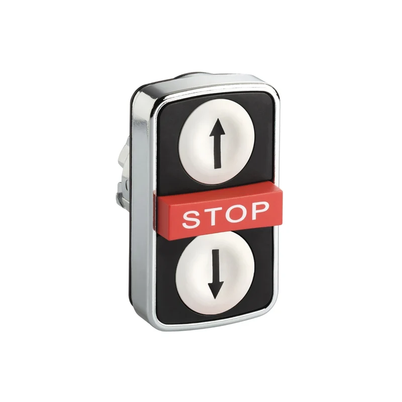 Triple Headed Push Button Head, Harmony XB4, Metal, 22mm, 1 White Flush UP ARROW + 1 Red Projecting STOP + 1 Black Flush DOWN ARROW