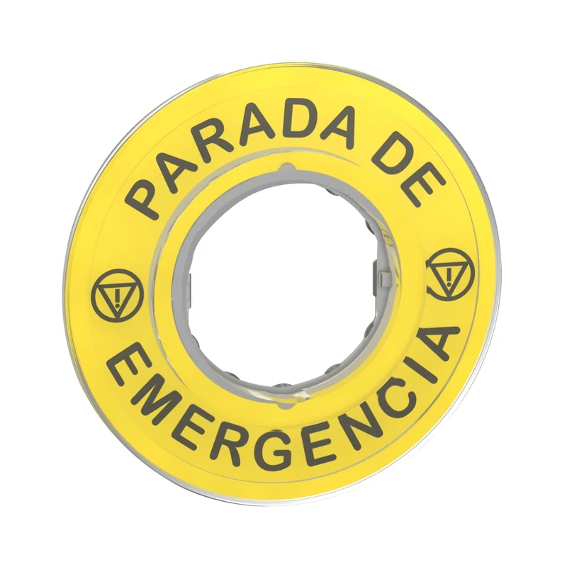 Legend, Harmony XB4, Plastic, Yellow, 90mm, For Emergency Stop, Marked PARADA DE EMERGENCIA With Logo ISO13851