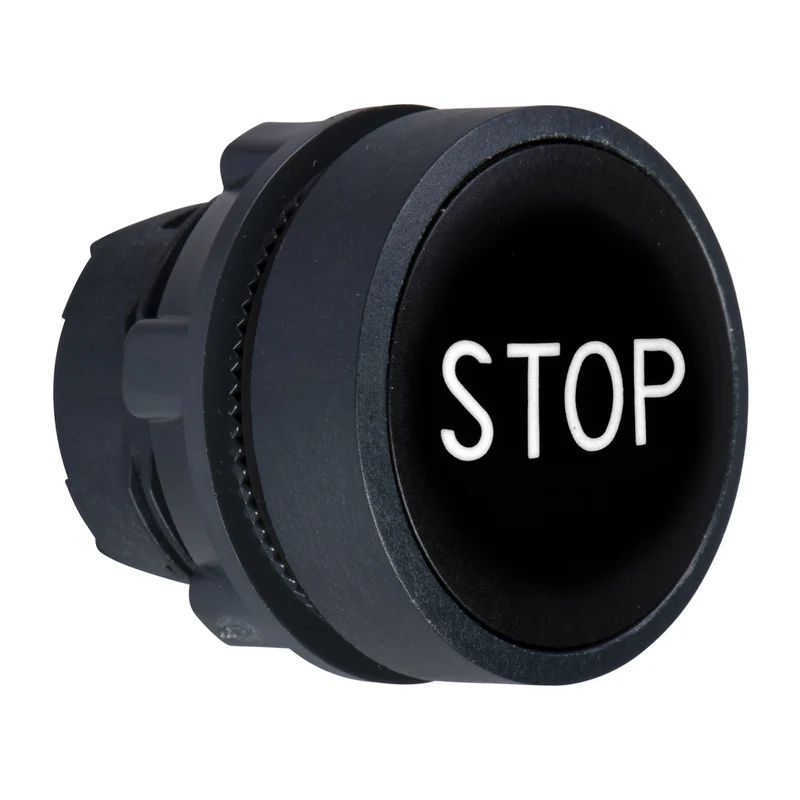 Head For Non Illuminated Push Button, Harmony XB5, Black Flush, 22mm, Spring Return, White Marked STOP