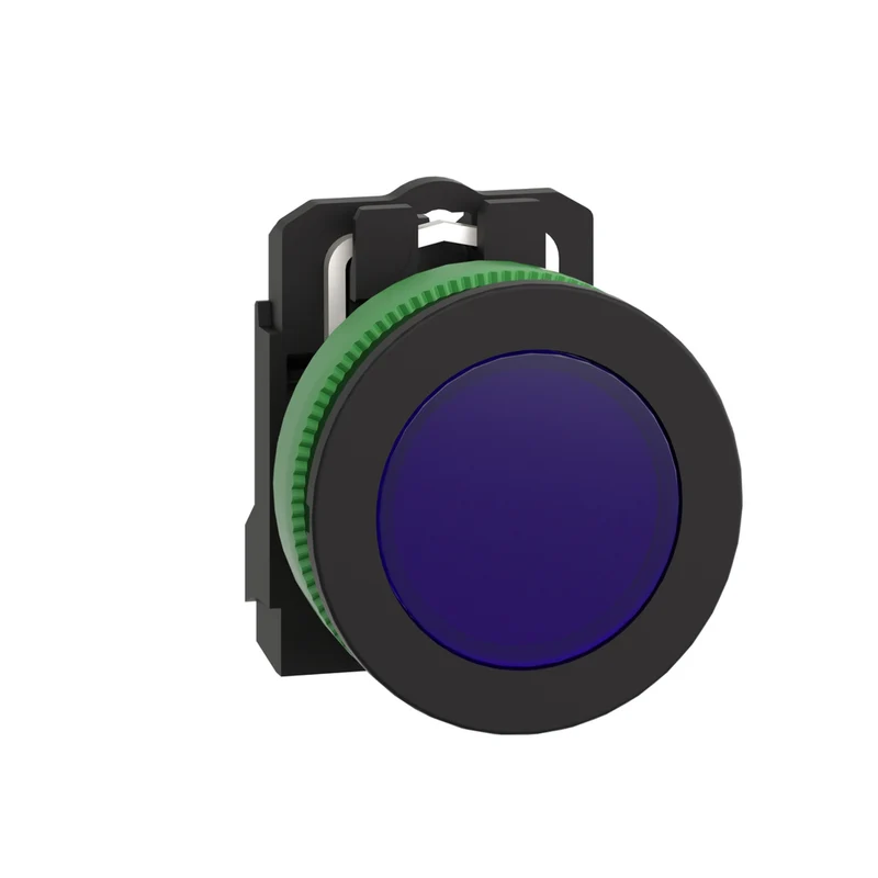 Pilot Light, Harmony XB5, Grey Plastic, Blue Flush Mounted, 30mm, Universal LED, Plain Lens, 110...120V AC