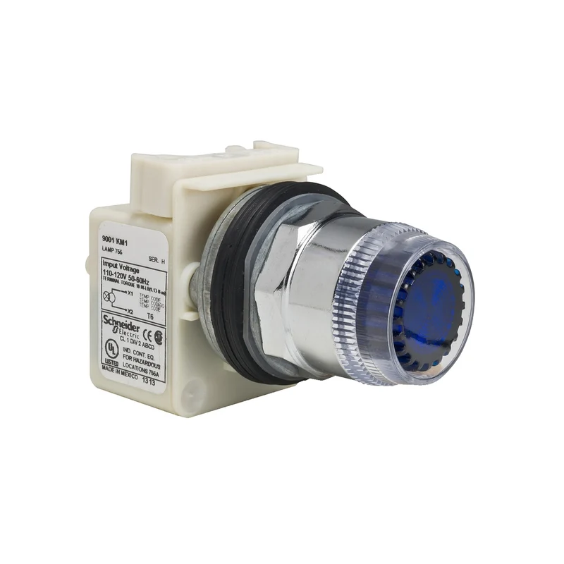 Illuminated Push-Button Head, Harmony 9001K, Metal, Plastic Guard Flush, Blue, 30mm, Spring Return, 110-120V