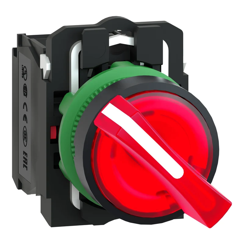 Illuminated Selector Switch, Harmony XB5, Grey Plastic, Red Handle, 22mm, Universal LED, 2 Positions, 1NO + 1NC, 230...240V AC