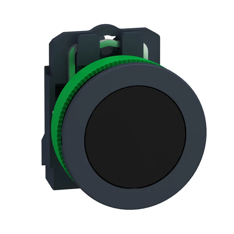 Push Button Flush Mounted, Harmony XB5, Plastic, Black, 30mm, Spring Return, Unmarked, 1NO