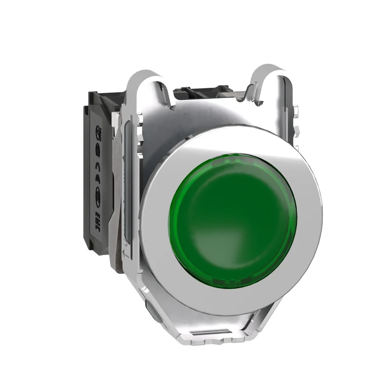 Illuminated Push Button, Harmony XB4, Metal, Green Flush Mounted, 30mm, Universal LED, Plain Lens, 1NO + 1NC, 230V AC