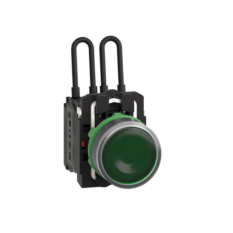 Push-To-Test Pilot Light, Harmony XB5, Plastic, Green, Universal LED, Screw Clamp Terminals, 110...120V