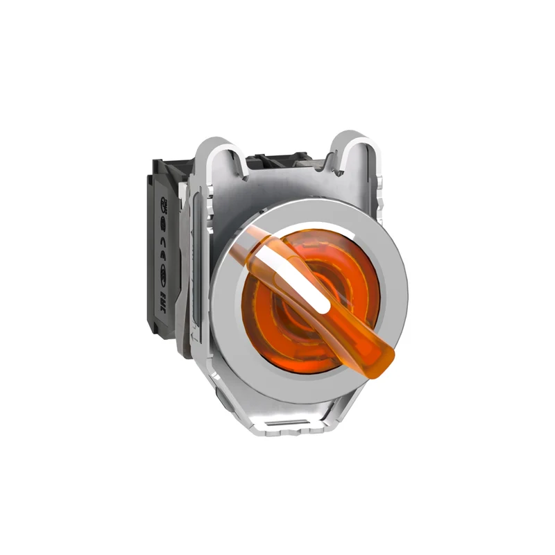 Illuminated Selector Switch, Harmony XB4, Metal, Orange Handle, 30mm, Universal LED, 2 Positions, 1NO + 1NC, 24V AC DC