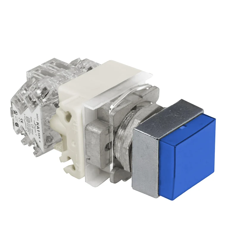 Push Button, Harmony 9001K, Illuminated, Blue, 30mm, Square Head, Blank Legend, 6V AC/DC, 2 C/O