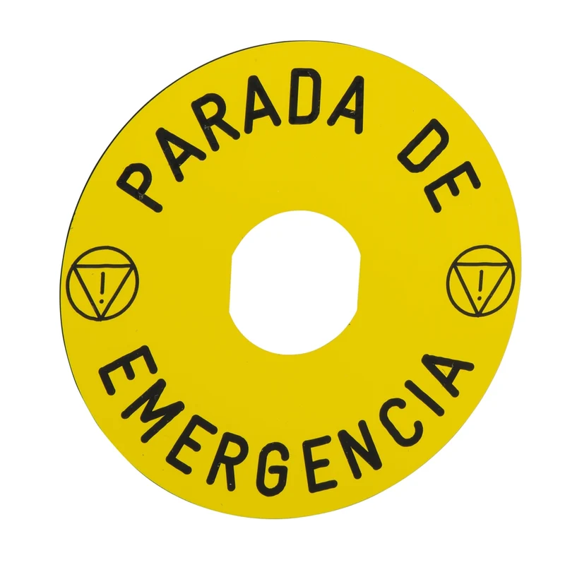 Marked Legend, Harmony XB4, Harmony XB5, Yellow, 90mm, For Emergency Stop, Marked PARADA DE EMERGENCIA/Logo ISO13850
