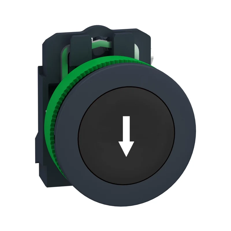 Push Button Flush Mounted, Harmony XB5, Plastic, Black, 30mm, Spring Return, Marked DOWN ARROW, 1NO